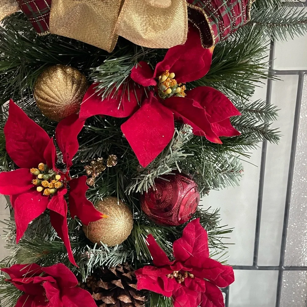 **Burgundy Poinsettia Christmas Teardrop Swag Wreath Front door